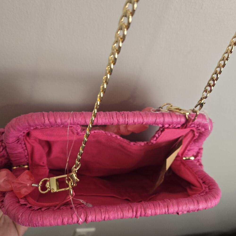 Hot Pink Woven Raffia Handbag Cross Body Chain NEW 12x7" Tropical Resort Coquett - Picture 6 of 9